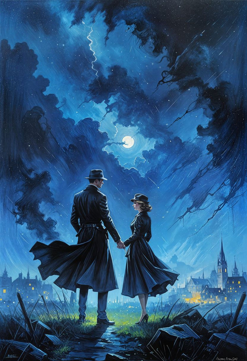 Midnight Secrets Unveiled in Dark Noir Painting