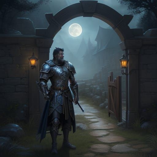 Fantasy Warrior Guarding Village Gate