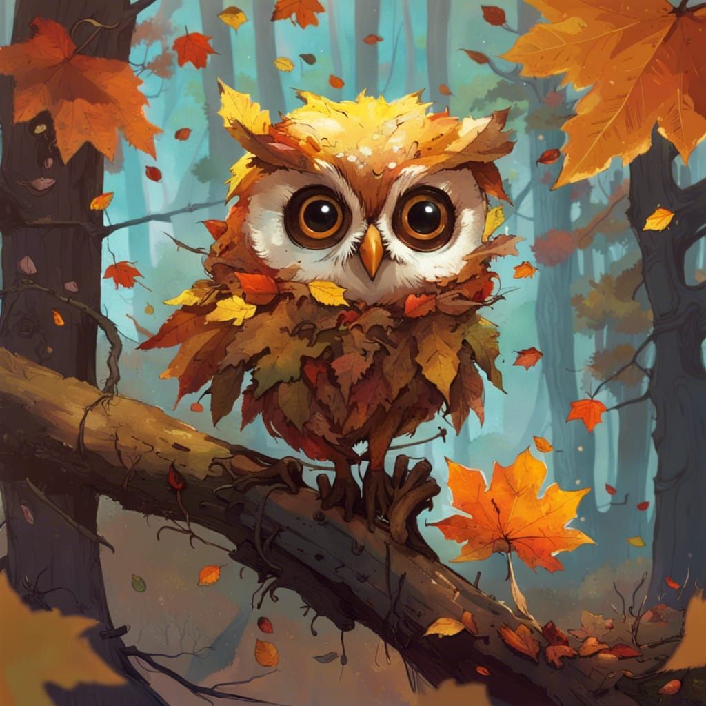 one beautiful little cute big-eyed chibi owl dressed in autumn leaves sitting on a branch in the background is an autumn...