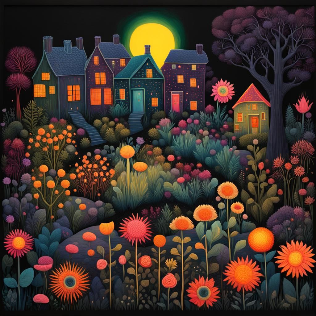 Neon Garden in Black Light Art Style