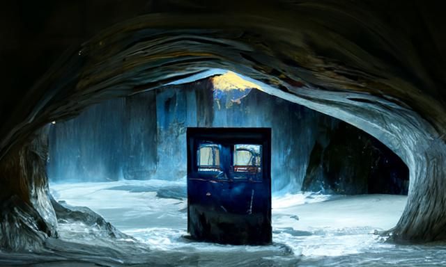 Vintage Police Box in Icy Cave, Surreal Digital Art