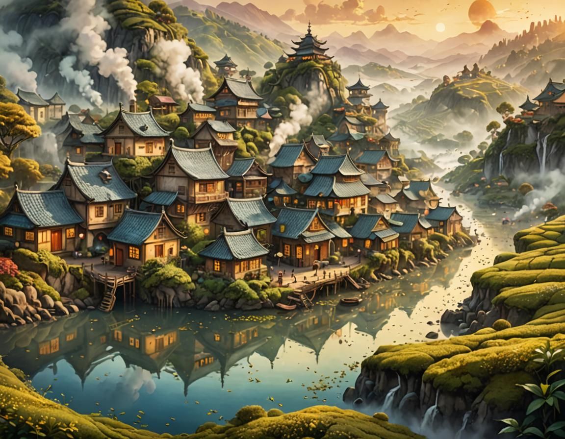 Idyllic Village Floating in a Cup of Tea