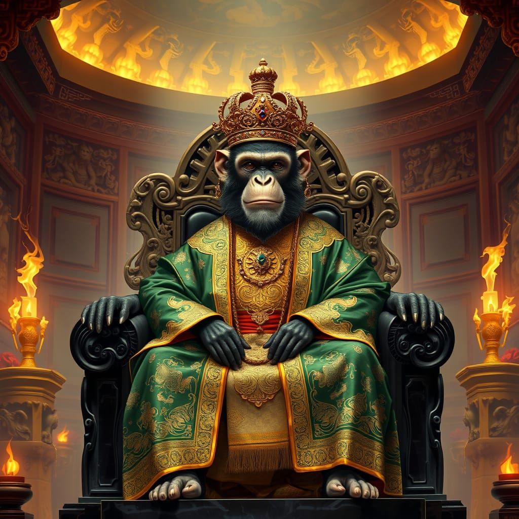 Monkey King on Obsidian Throne in Art Nouveau Style