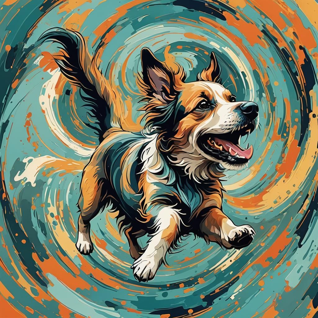 Dog Chasing Tail in Abstract Art Style