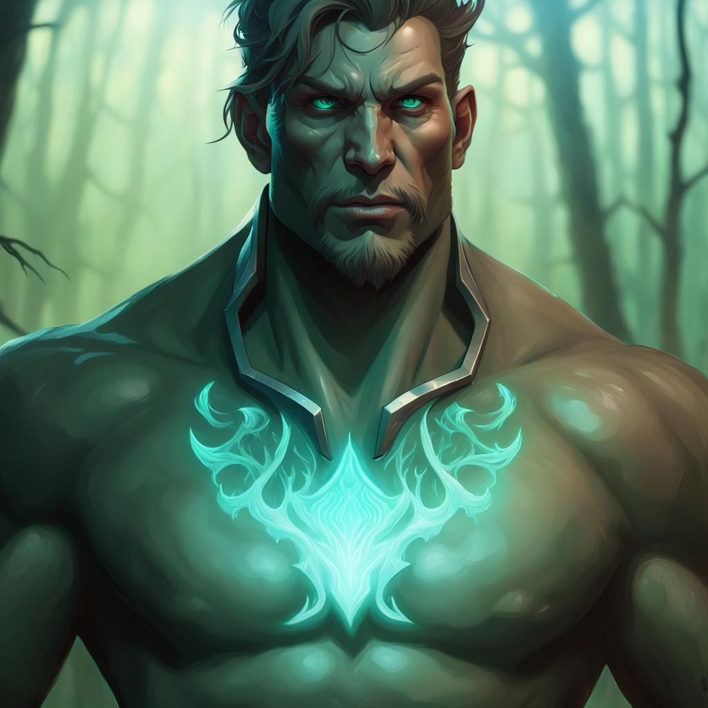 Handsome Warlock in Bioluminescent Forest, Digital Art