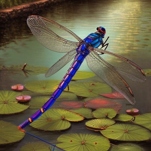Steampunk Robotic Damselfly in Pond Illustration
