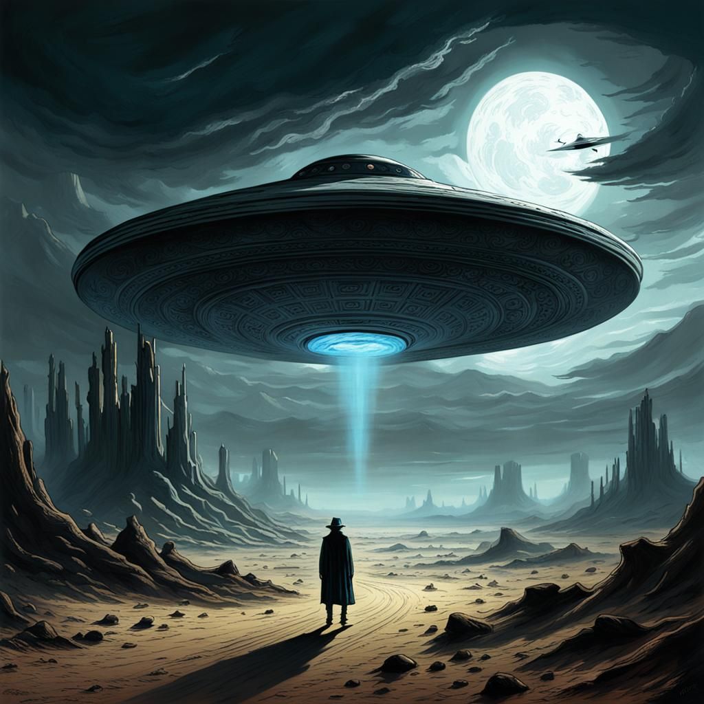 Eerie Desert: Lone Flying Saucer in Horror Style