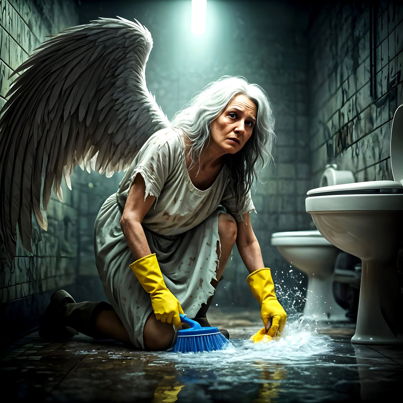 Disheveled Angel Cleans Grimy Public Toilet in Cinematic Rea...