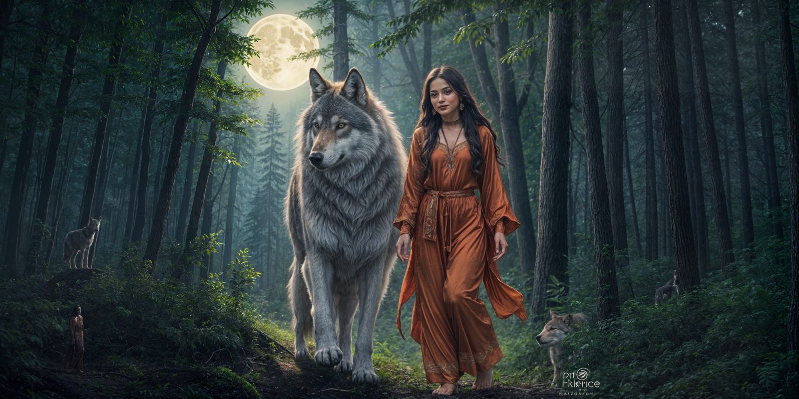 Wolf and Lady in Moonlit Forest
