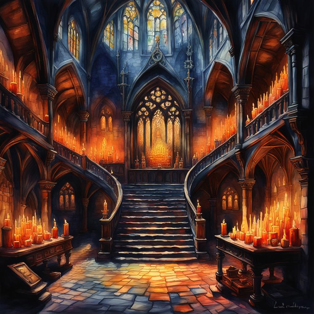 Medieval Lair with Riches in Watercolor Painting