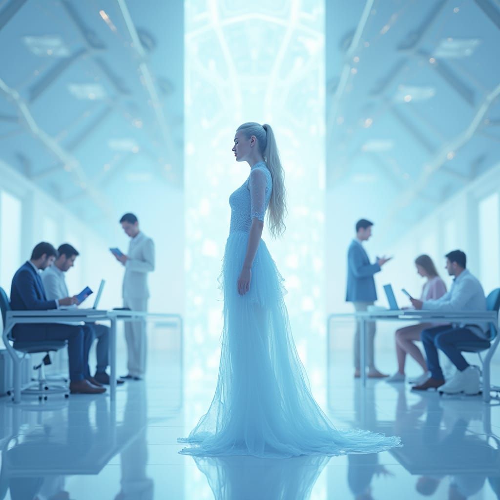 Futuristic Goddess of Ice in Modern Workplace