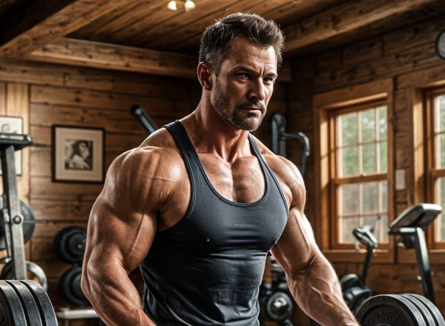 Older Man Lifts Weights in Home Gym