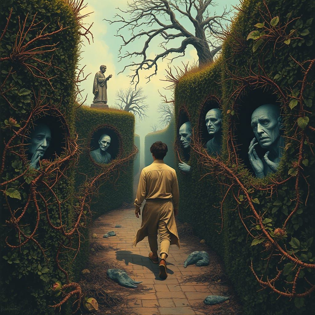 Surreal Maze with Grotesque Statues in Dreamlike Style
