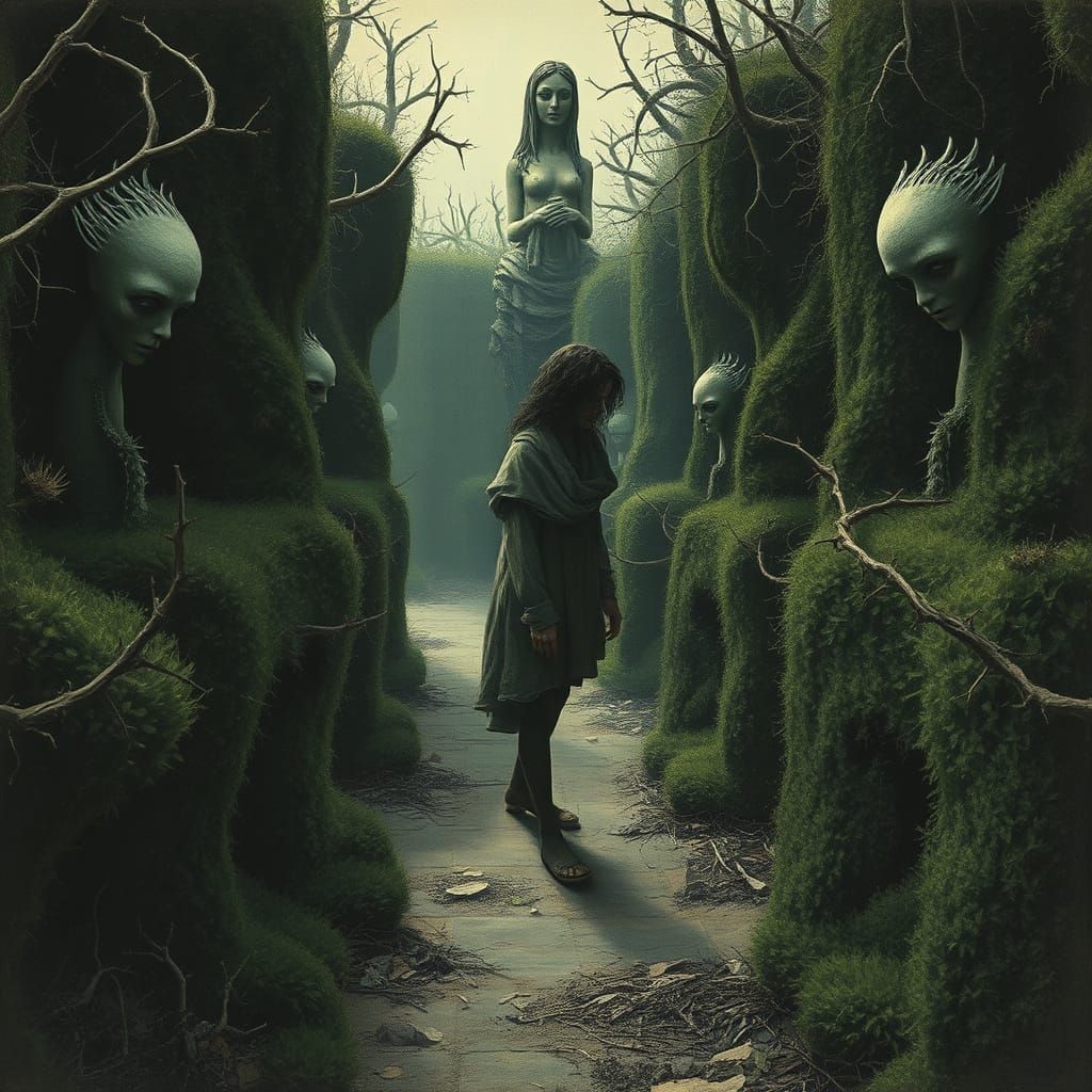 Surreal Maze with Grotesque Statues in Dreamlike Style