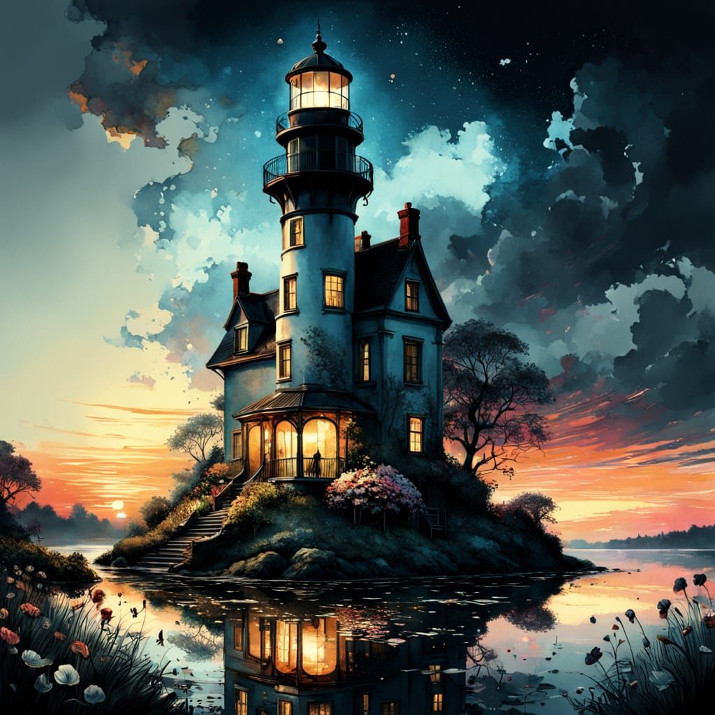 Sunset Lighthouse in English Garden, Watercolor Style