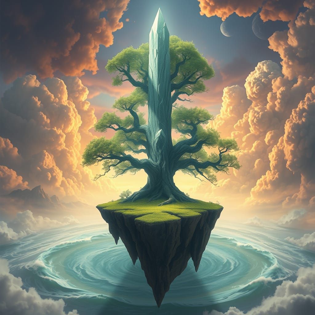 Crystalline Tree on Floating Island: Mythical Landscape