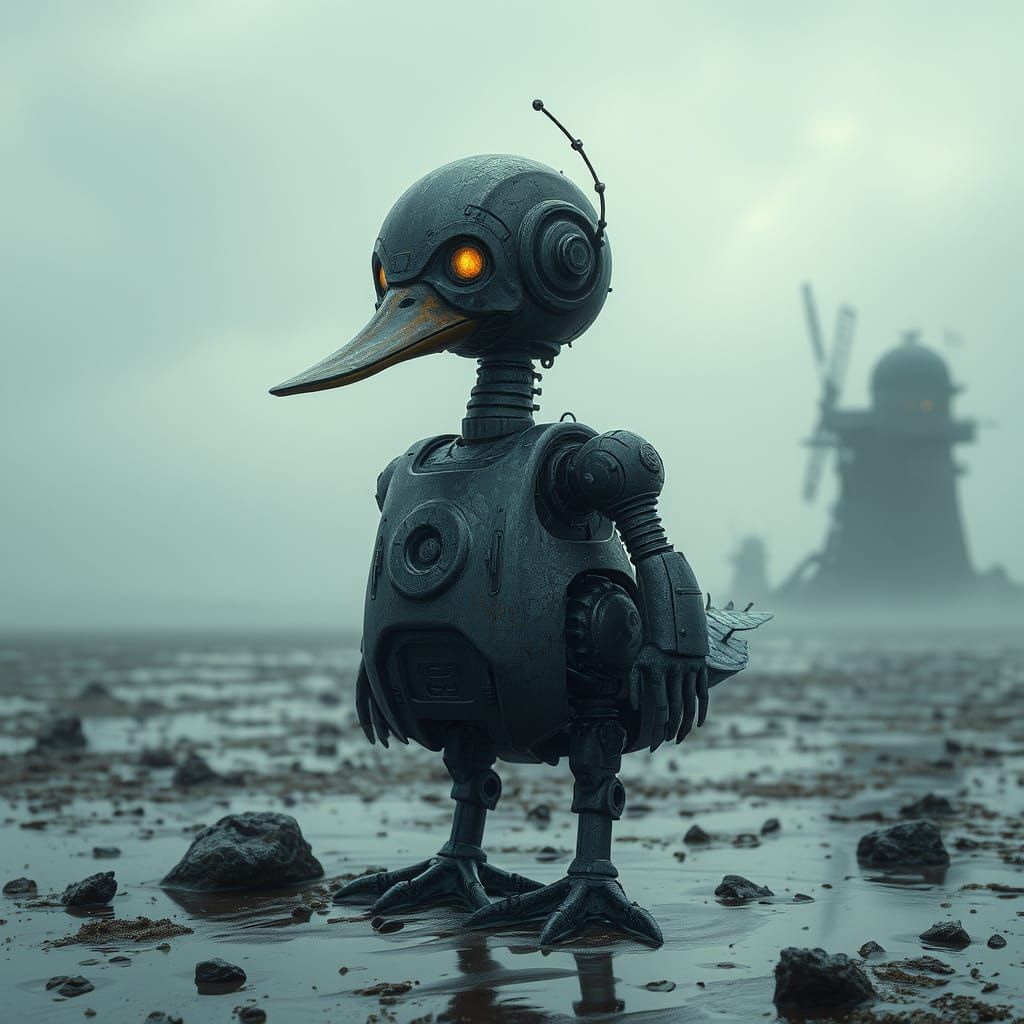 Cyberpunk Metal Duck Stands Vigilant in Barren Wasteland