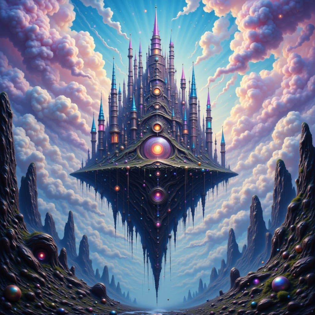 Crystal Castle Floating Above Prehistoric Landscape