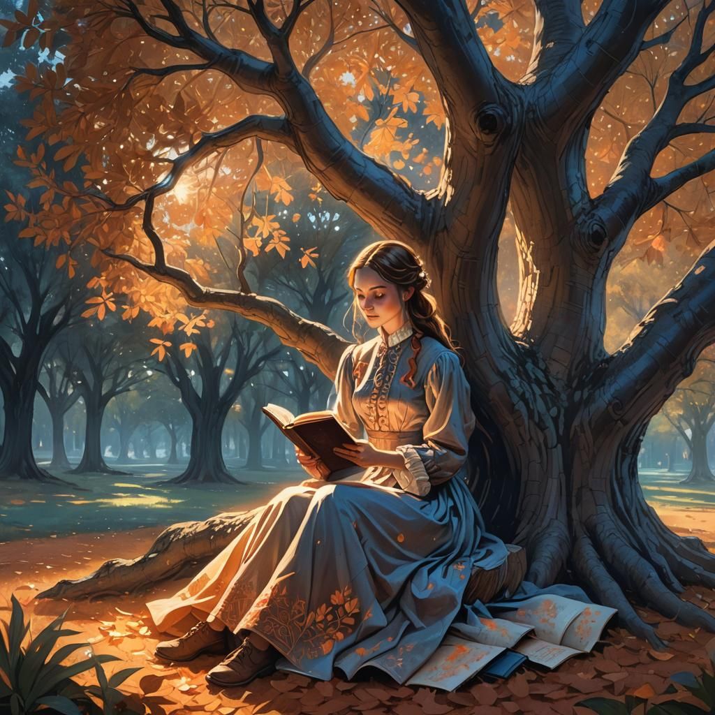 Girl Drawing Under Tree in Sunlight: Fantasy Art