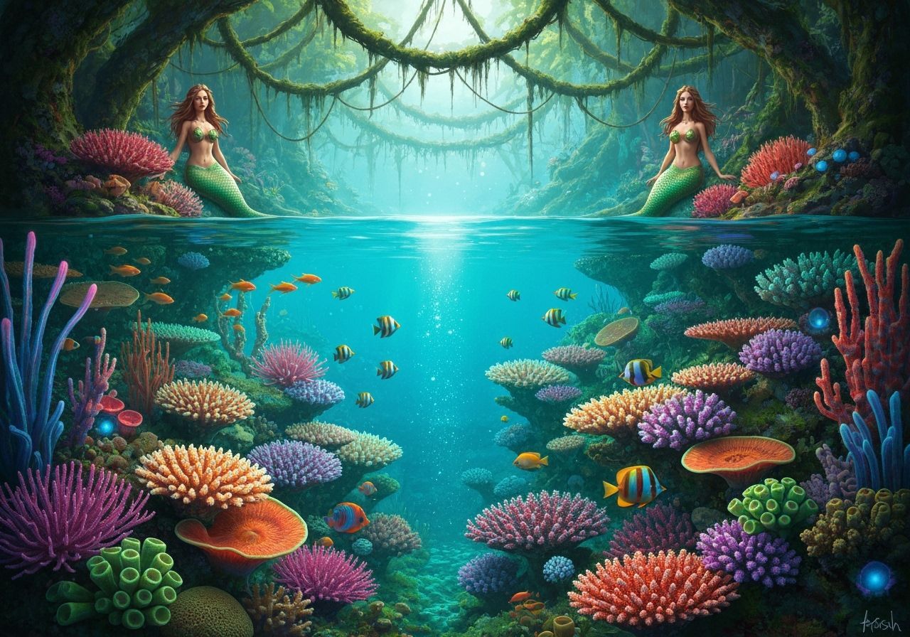 Mermaid Goddesses Oversee Coral Reef in Hyperrealistic Style