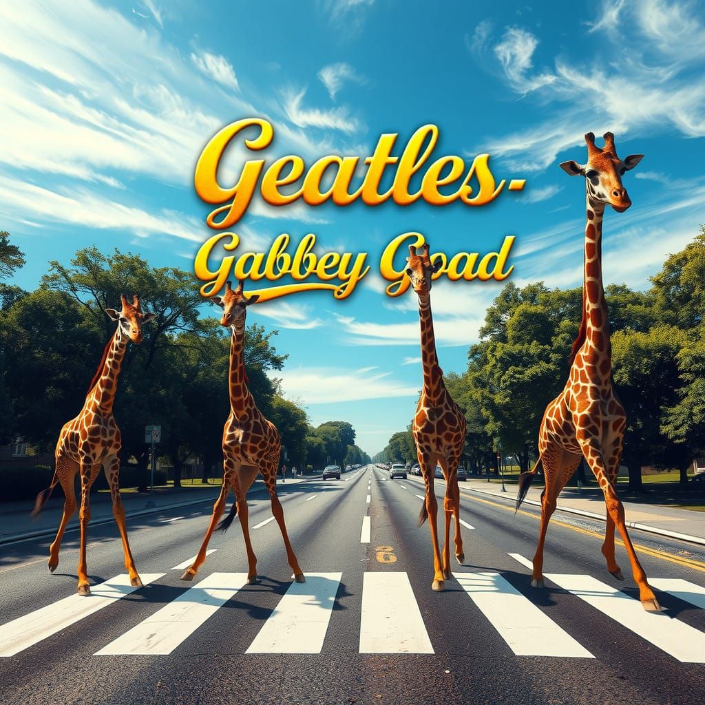 Giraffes Cross Abbey Road in Vibrant, Retro Style