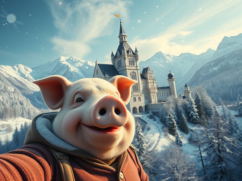 Pig-Man Selfie at Neuschwanstein in Winter Wonderland