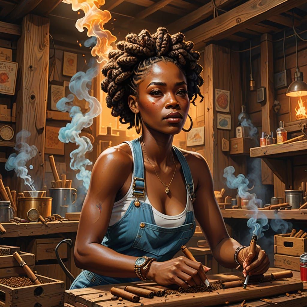 Vibrant Afro Woman Rolls Cigar in Golden-Lit Factory