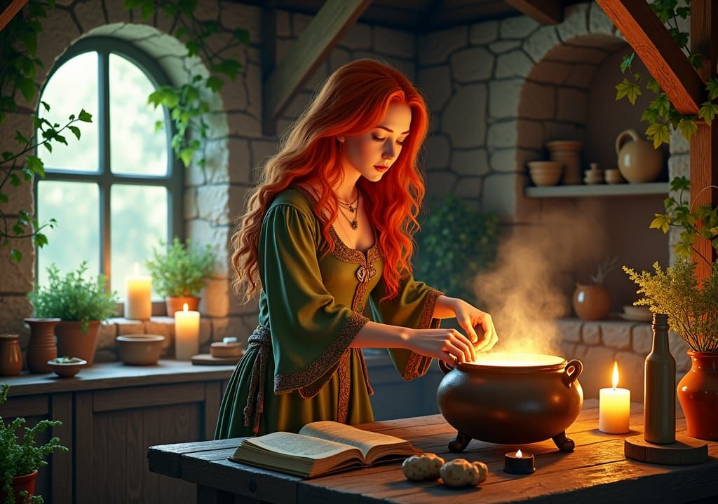 Mystical Redhead Witch Brewing Potion