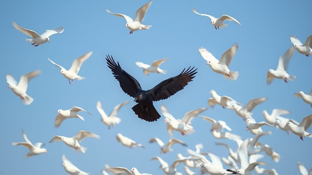 Flock of White Doves with a Dark Mysterious Companion