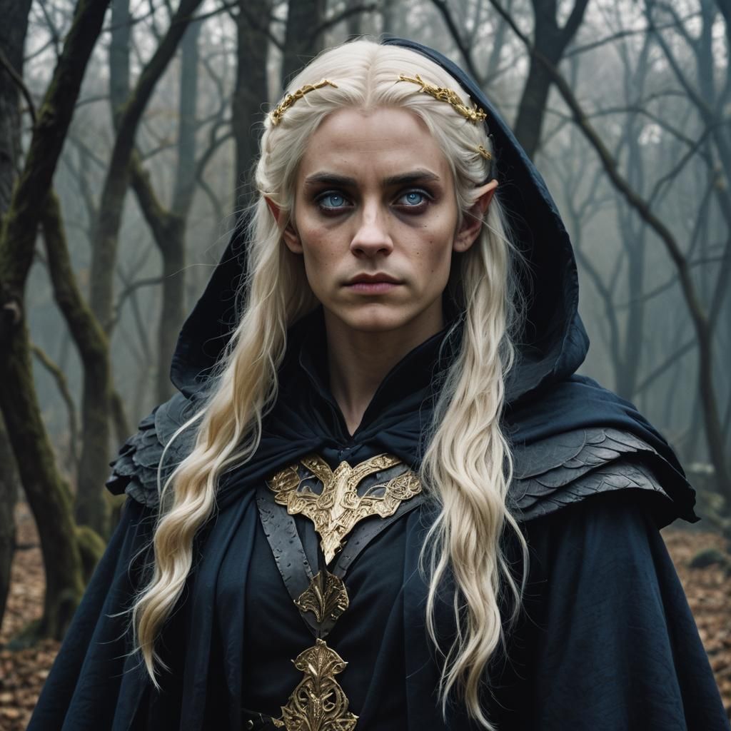 Cinematic Half-Elf with Raven Skin and Platinum Hair