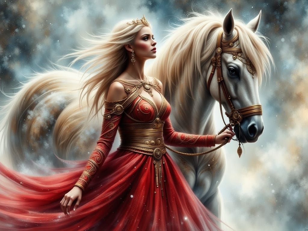 Fairytale Beauty in Snowy Forest with White Horse