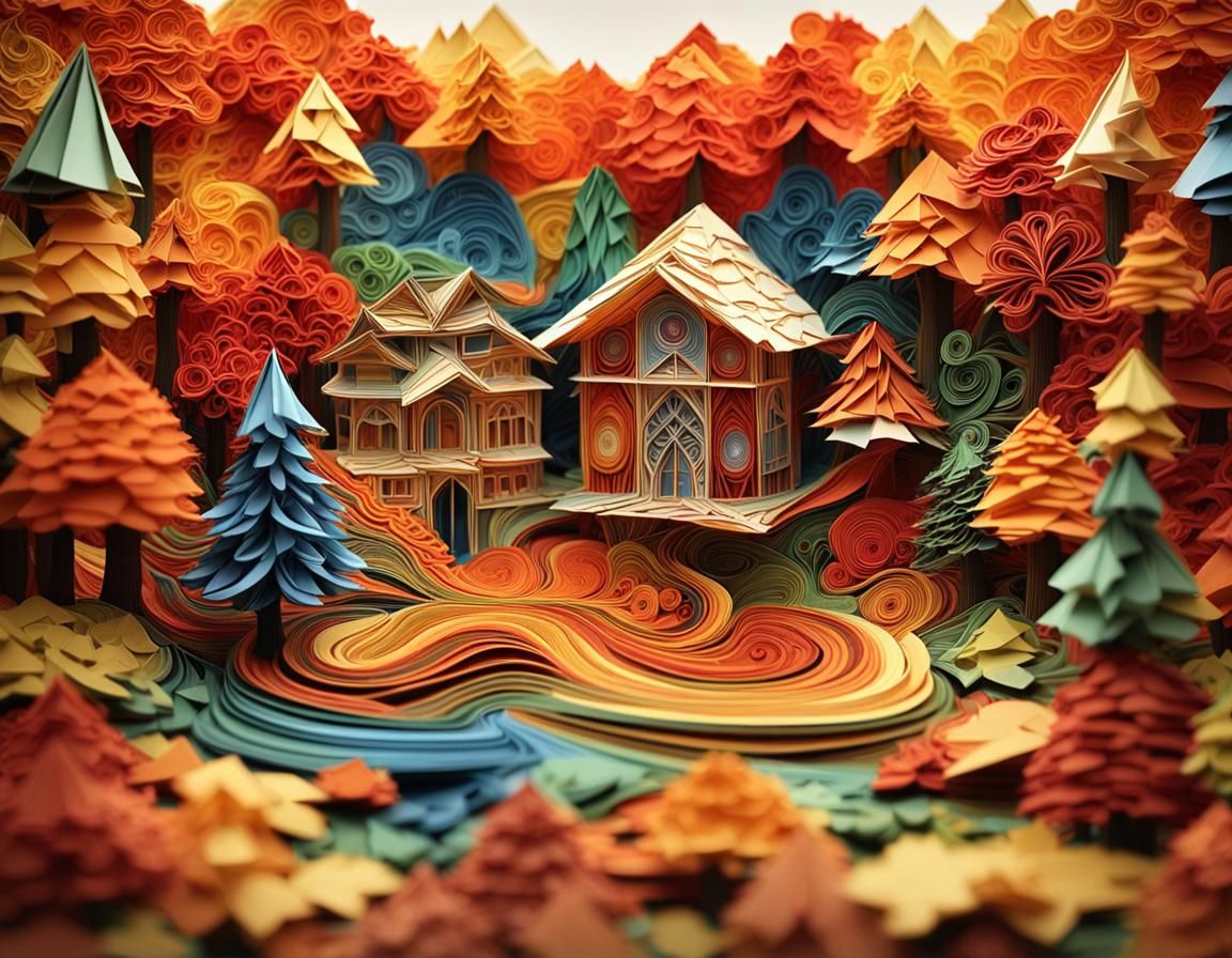 Intricate Origami Fox in Autumn Forest