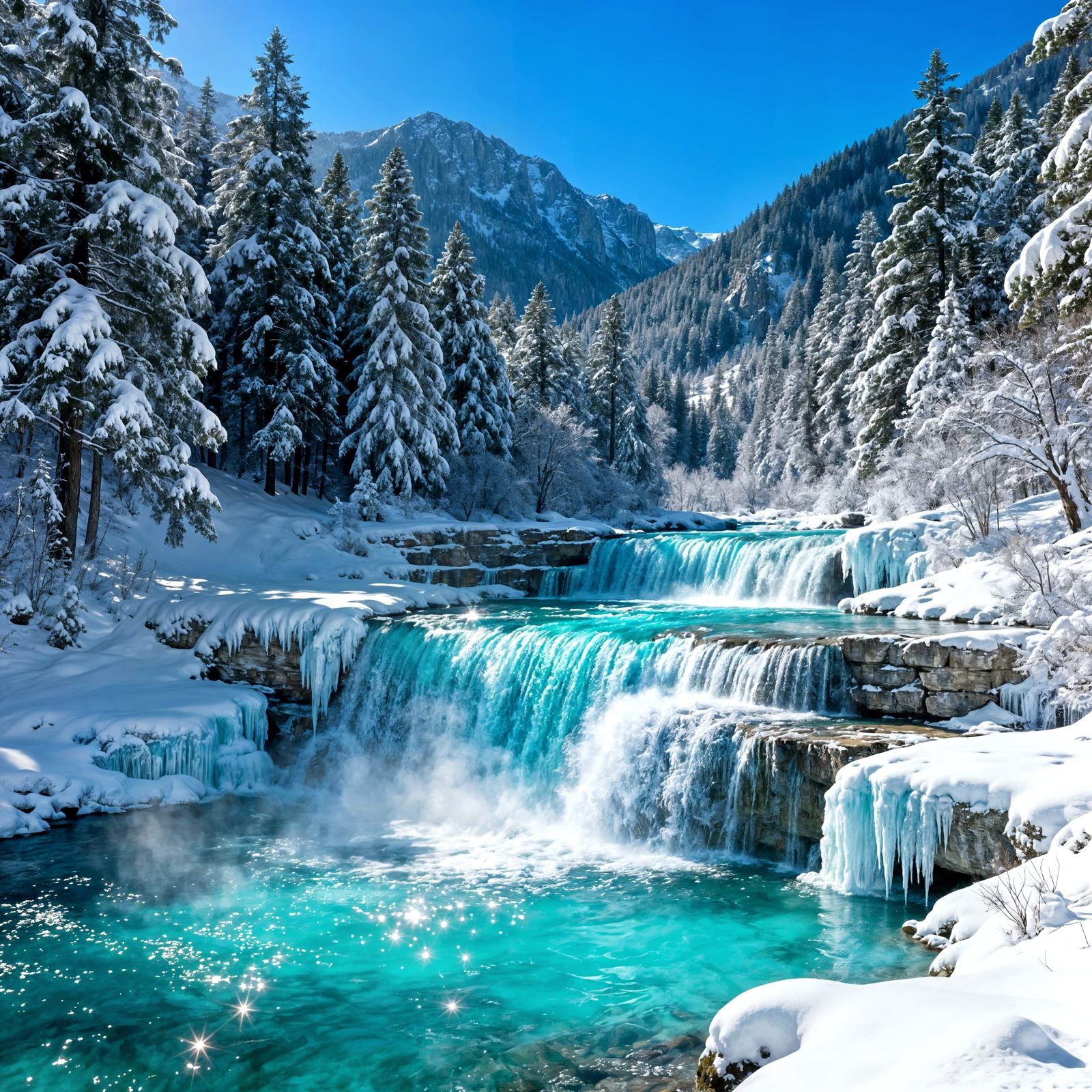 Hyper-Realistic Winter Waterfall in Snowy Valley