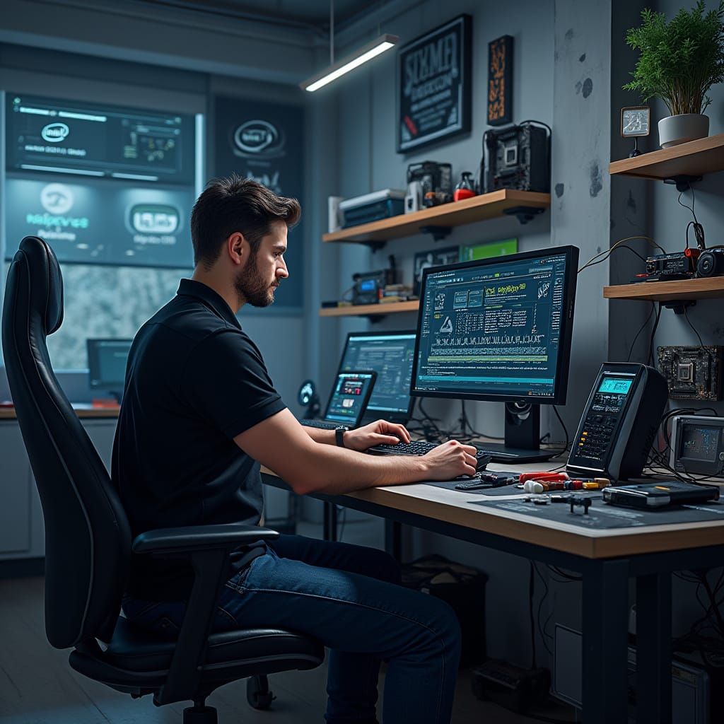 Computer Technician at Workbench in Hyperrealistic Style