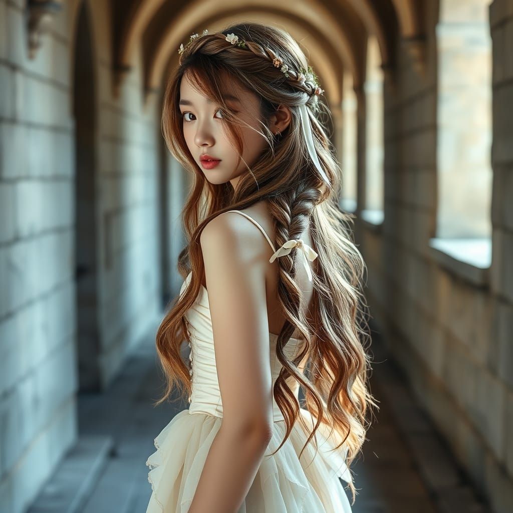 Shy Kpop Idol Girl in Sunlit Castle Hallway