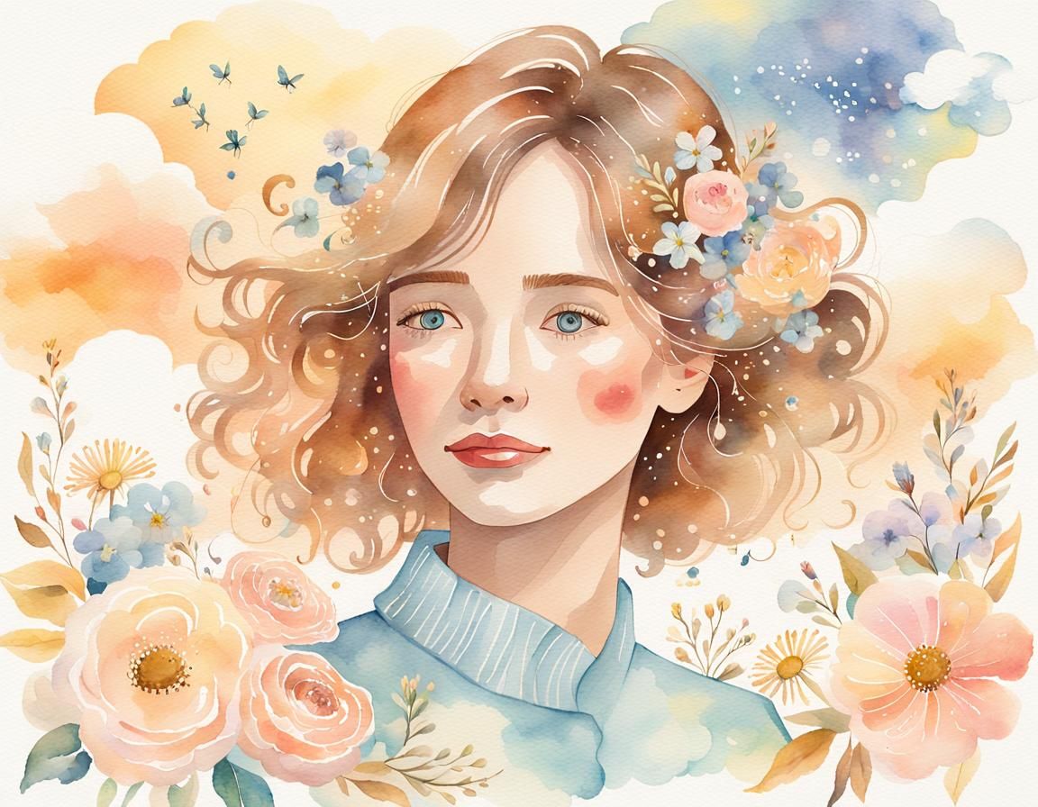 Dreamy Watercolor Portrait of Woman with Flowers