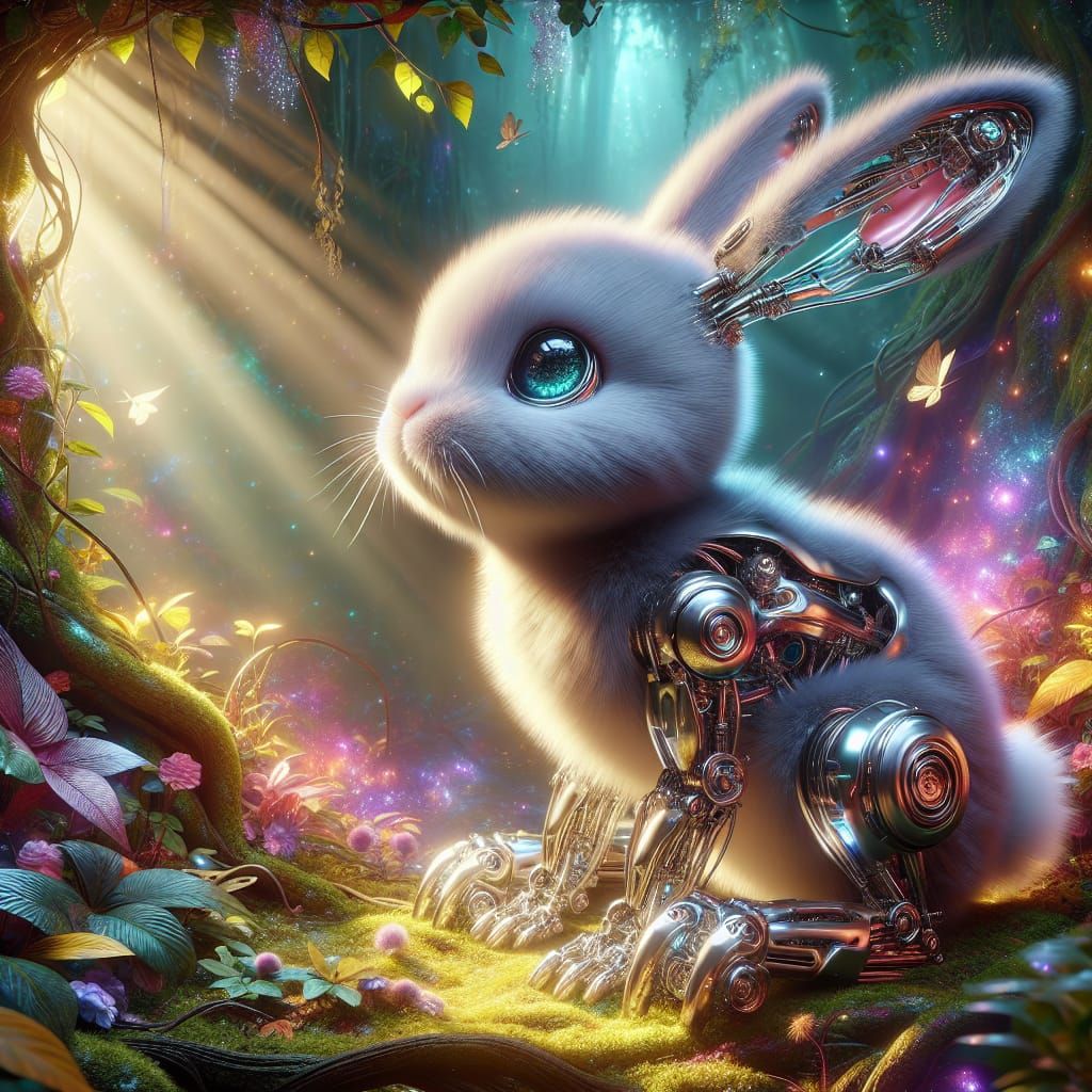 Cyborg Bunny in Enchanted Forest: Hyper-Detailed 8k Image