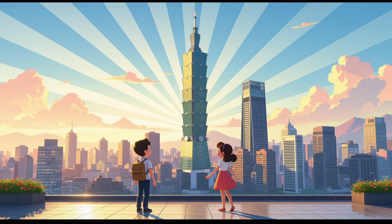 Taiwan Taipei 101 Skyline with Children in Pixar Style