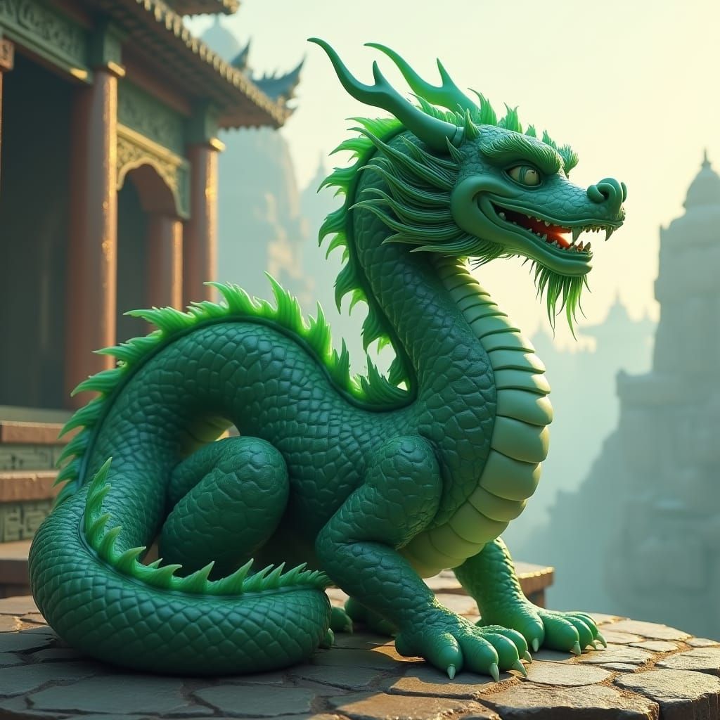 Jade Dragon Guarding Ancient Temples: Fantasy Concept Art