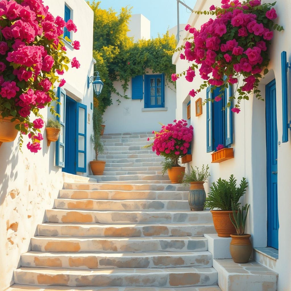 Whitewashed Village Taverna in Warm Golden Light