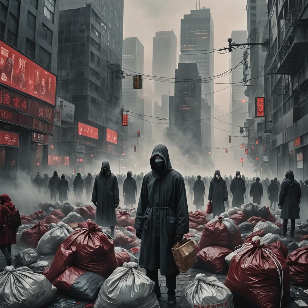 Dystopian Cityscape: Masks of Indifference in Grayscale