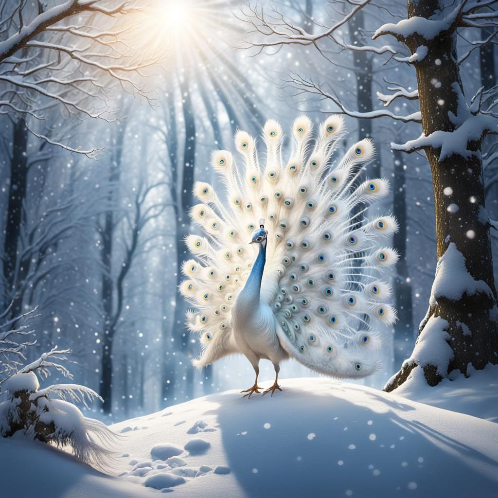Whimsical White Peacock Courts Winter Mate in Snowy Wonderla...