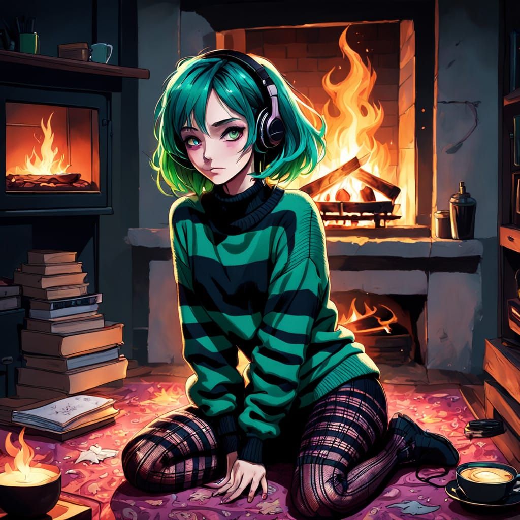Surreal Anime Woman Basks in Cozy Fireplace Glow