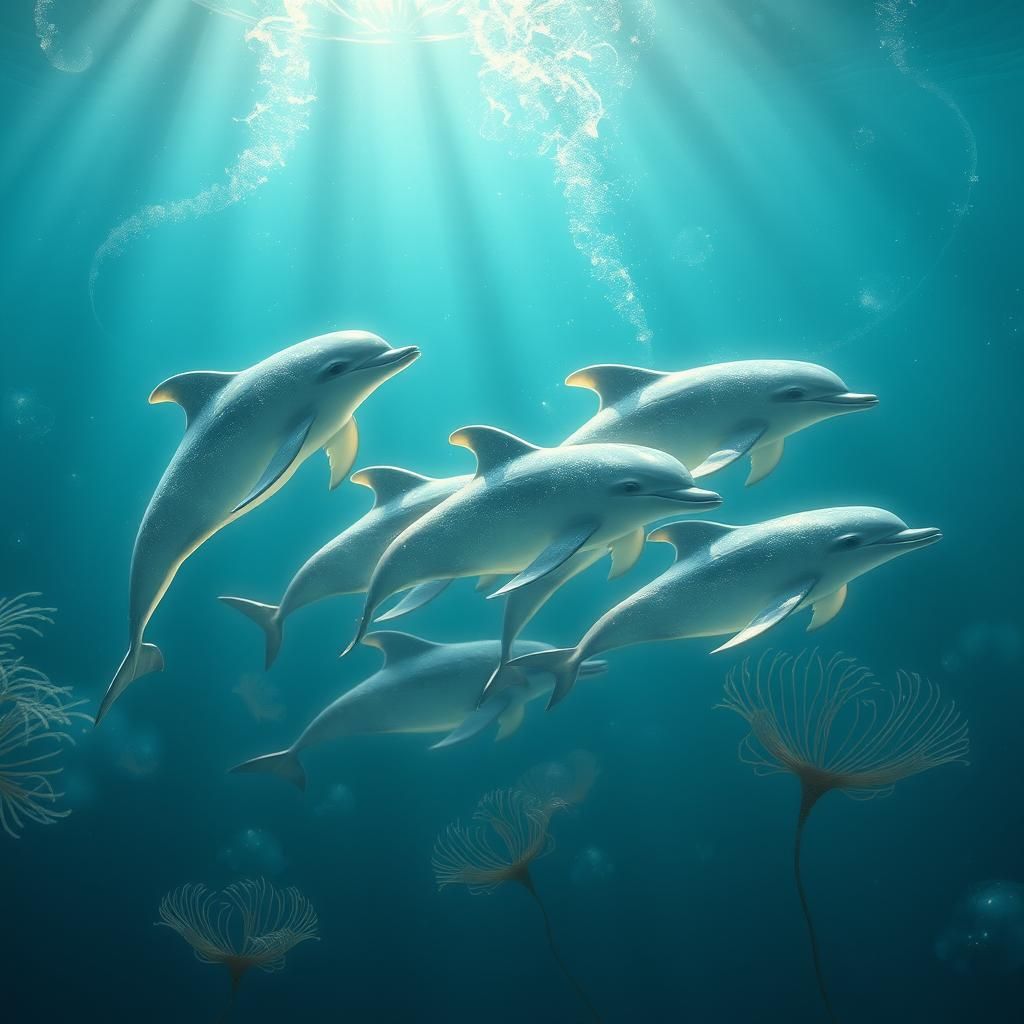 Ethereal Dolphins Swimming in Fairy-Inspired Ocean