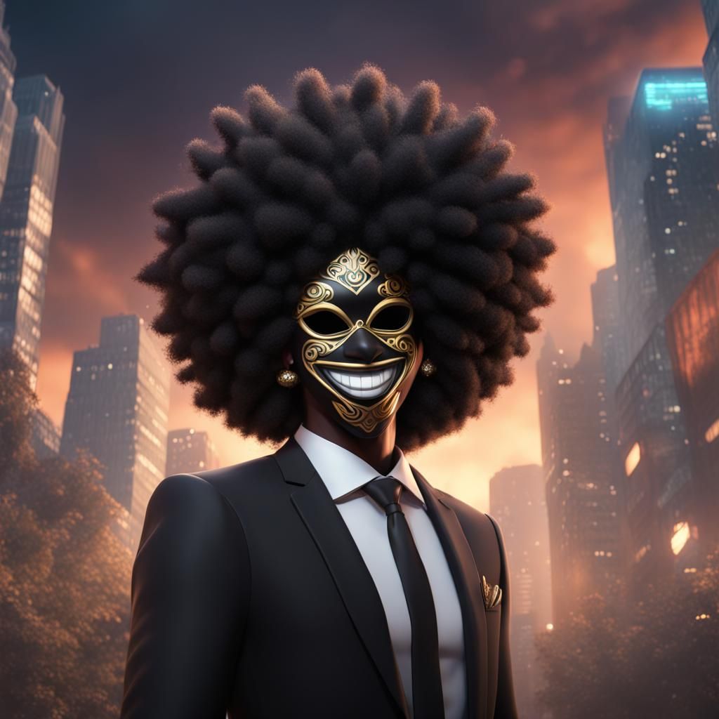 Anime Masked Man Laughing: Detailed Digital Matte Painting