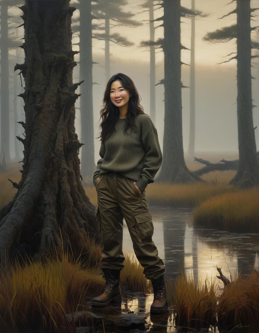 Korean Woman in Misty Moor, Oil Painting