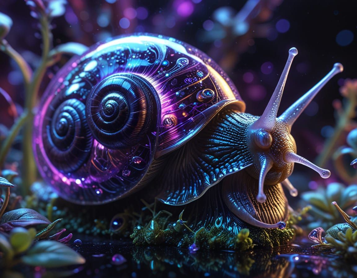 Bioluminescent Fractal Plants Inside Glass Snail Shell
