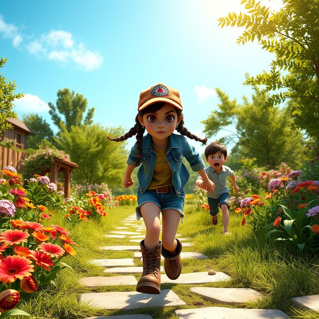 Girl Chases Brother Through Summer Garden in 3D Style