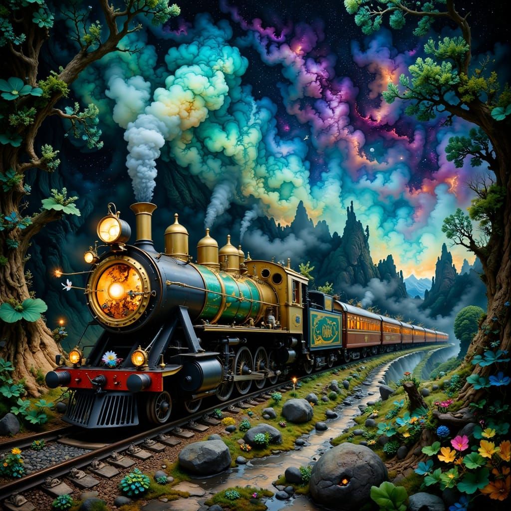 Whimsical Steam Train in Enchanted Forest at Twilight