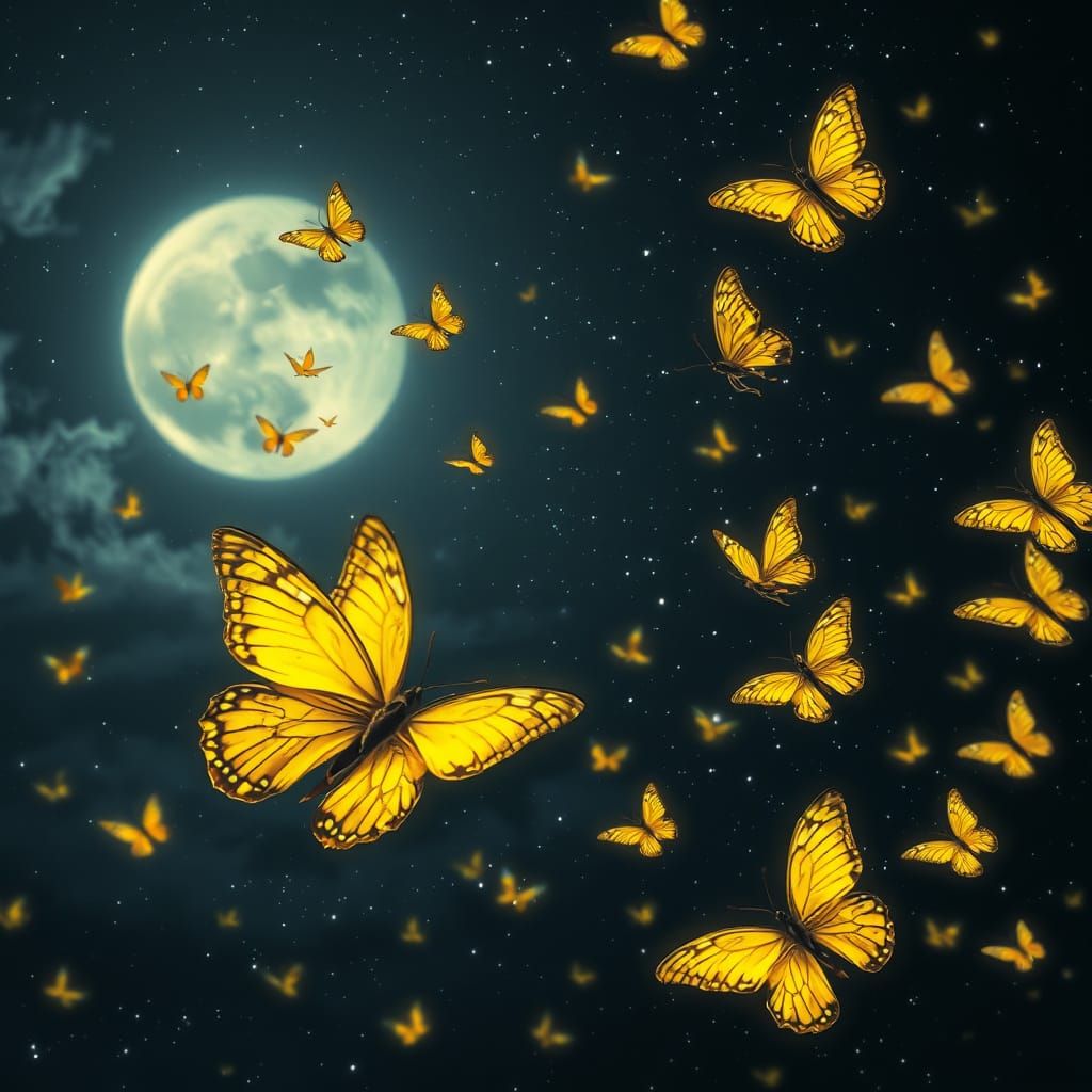 Luminous Butterflies Dance in Starry Night Sky